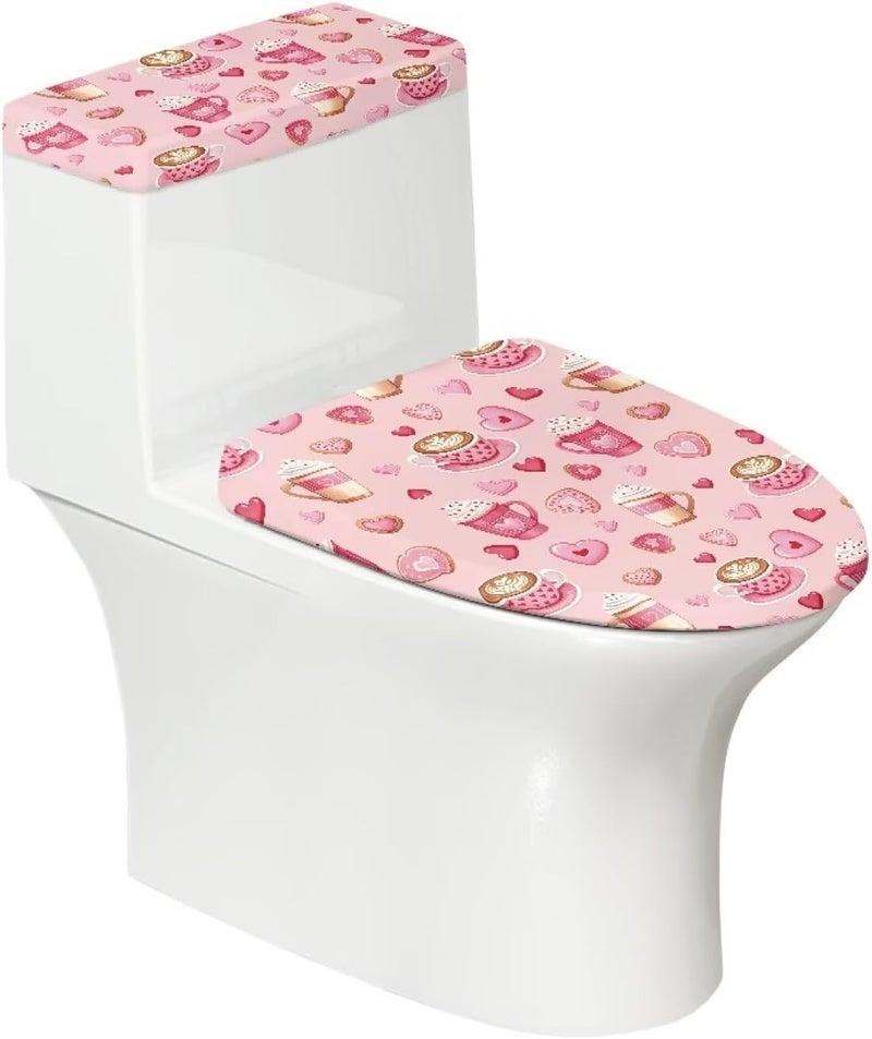 CREAMIC Pink Heart Coffee Toilet Lid Tank Cover for Bathroom with Elastic Bottoms 2Pcs Toilet Seat Cover and Tank Lid Covers Stretch for Home Bathroom Decoration Accessories Decor - Image 1